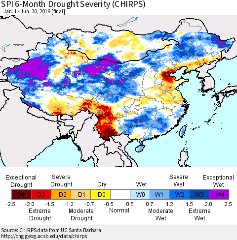 China and Taiwan SPI 6-Month Drought Severity (CHIRPS) Thematic Map For 1/1/2019 - 6/30/2019