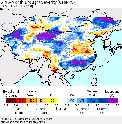China and Taiwan SPI 6-Month Drought Severity (CHIRPS) Thematic Map For 2/1/2019 - 7/31/2019