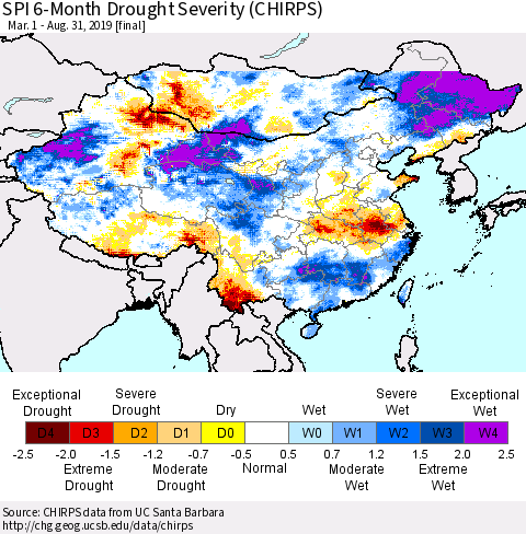 China, Mongolia and Taiwan SPI 6-Month Drought Severity (CHIRPS) Thematic Map For 3/1/2019 - 8/31/2019