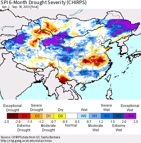 China and Taiwan SPI 6-Month Drought Severity (CHIRPS) Thematic Map For 4/1/2019 - 9/30/2019