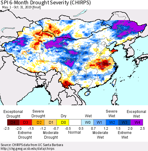 China and Taiwan SPI 6-Month Drought Severity (CHIRPS) Thematic Map For 5/1/2019 - 10/31/2019