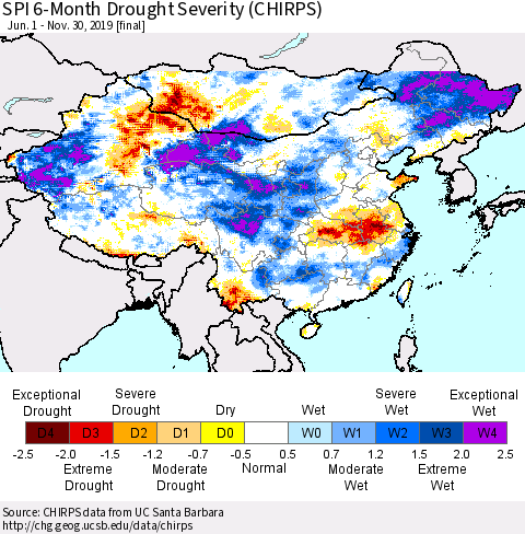 China, Mongolia and Taiwan SPI 6-Month Drought Severity (CHIRPS) Thematic Map For 6/1/2019 - 11/30/2019