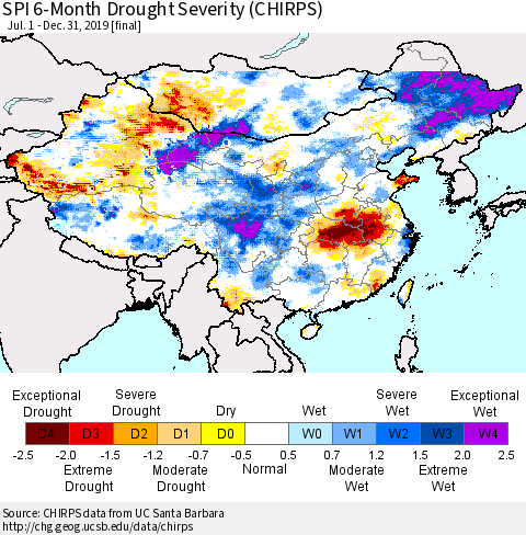 China, Mongolia and Taiwan SPI 6-Month Drought Severity (CHIRPS) Thematic Map For 7/1/2019 - 12/31/2019