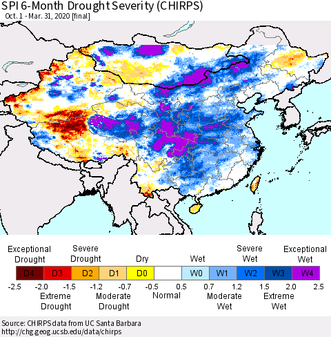 China and Taiwan SPI 6-Month Drought Severity (CHIRPS) Thematic Map For 10/1/2019 - 3/31/2020