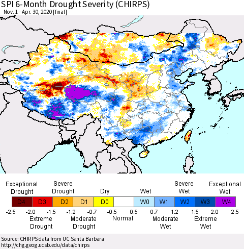 China, Mongolia and Taiwan SPI 6-Month Drought Severity (CHIRPS) Thematic Map For 11/1/2019 - 4/30/2020