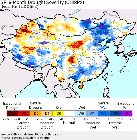 China, Mongolia and Taiwan SPI 6-Month Drought Severity (CHIRPS) Thematic Map For 12/1/2019 - 5/31/2020