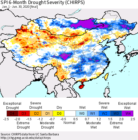 China, Mongolia and Taiwan SPI 6-Month Drought Severity (CHIRPS) Thematic Map For 1/1/2020 - 6/30/2020