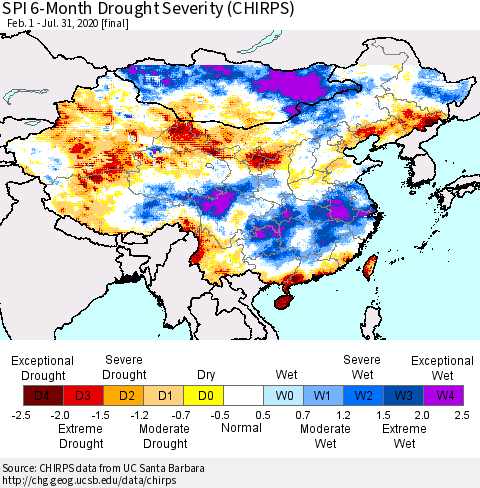 China, Mongolia and Taiwan SPI 6-Month Drought Severity (CHIRPS) Thematic Map For 2/1/2020 - 7/31/2020