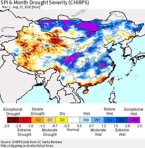 China, Mongolia and Taiwan SPI 6-Month Drought Severity (CHIRPS) Thematic Map For 3/1/2020 - 8/31/2020