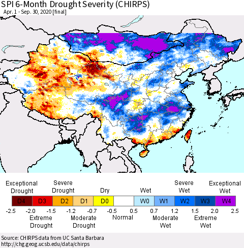 China, Mongolia and Taiwan SPI 6-Month Drought Severity (CHIRPS) Thematic Map For 4/1/2020 - 9/30/2020