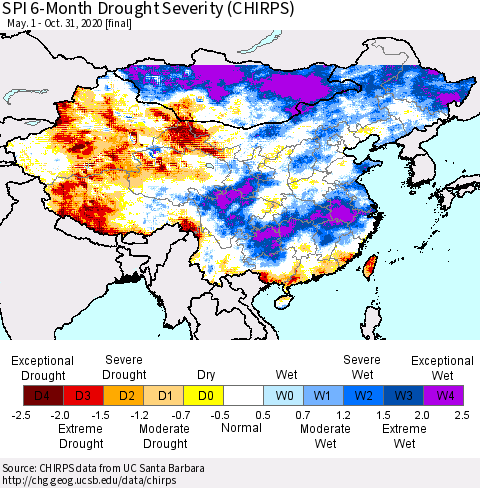 China, Mongolia and Taiwan SPI 6-Month Drought Severity (CHIRPS) Thematic Map For 5/1/2020 - 10/31/2020