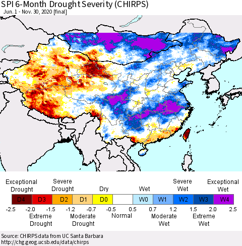 China, Mongolia and Taiwan SPI 6-Month Drought Severity (CHIRPS) Thematic Map For 6/1/2020 - 11/30/2020