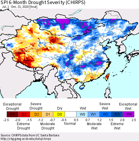 China, Mongolia and Taiwan SPI 6-Month Drought Severity (CHIRPS) Thematic Map For 7/1/2020 - 12/31/2020