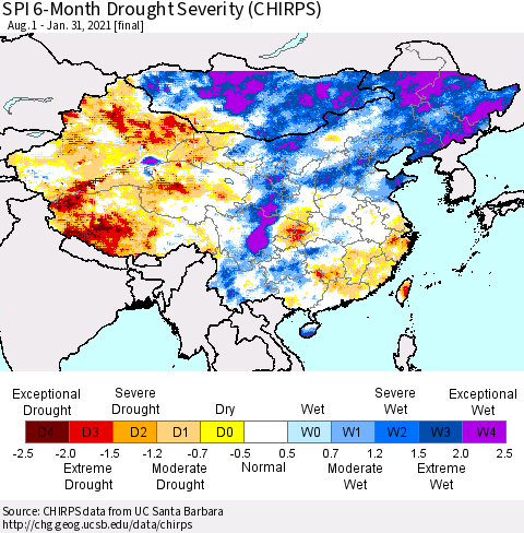 China, Mongolia and Taiwan SPI 6-Month Drought Severity (CHIRPS) Thematic Map For 8/1/2020 - 1/31/2021