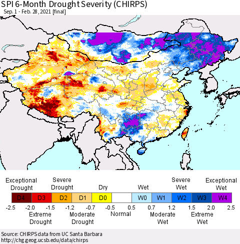 China, Mongolia and Taiwan SPI 6-Month Drought Severity (CHIRPS) Thematic Map For 9/1/2020 - 2/28/2021
