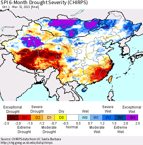 China, Mongolia and Taiwan SPI 6-Month Drought Severity (CHIRPS) Thematic Map For 10/1/2020 - 3/31/2021