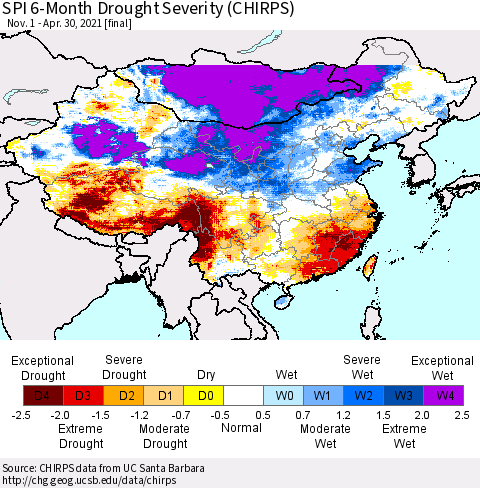 China, Mongolia and Taiwan SPI 6-Month Drought Severity (CHIRPS) Thematic Map For 11/1/2020 - 4/30/2021