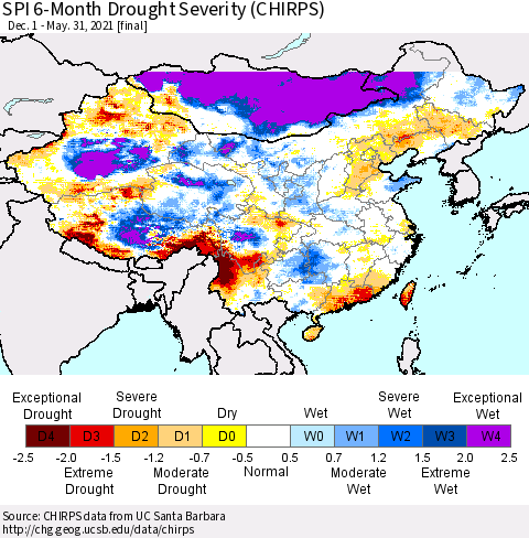 China, Mongolia and Taiwan SPI 6-Month Drought Severity (CHIRPS) Thematic Map For 12/1/2020 - 5/31/2021