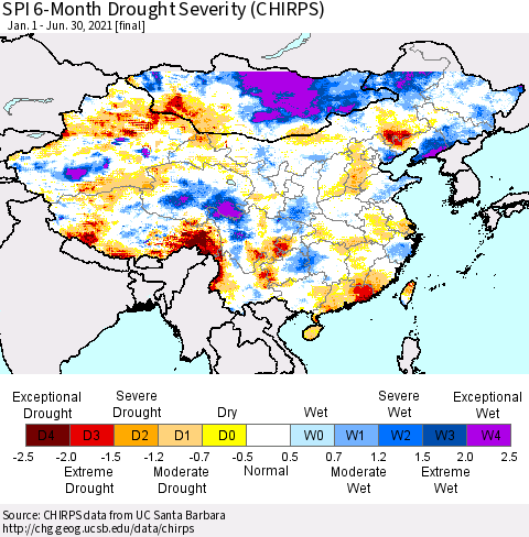 China, Mongolia and Taiwan SPI 6-Month Drought Severity (CHIRPS) Thematic Map For 1/1/2021 - 6/30/2021