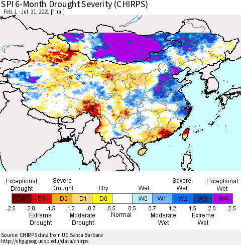 China, Mongolia and Taiwan SPI 6-Month Drought Severity (CHIRPS) Thematic Map For 2/1/2021 - 7/31/2021