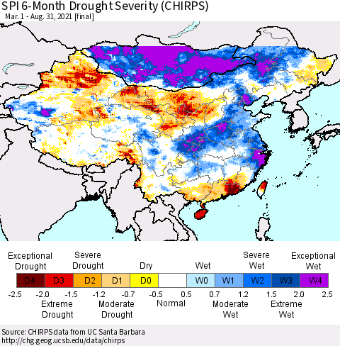 China, Mongolia and Taiwan SPI 6-Month Drought Severity (CHIRPS) Thematic Map For 3/1/2021 - 8/31/2021