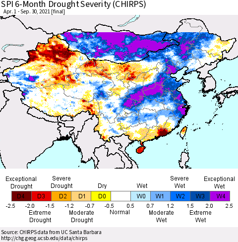 China, Mongolia and Taiwan SPI 6-Month Drought Severity (CHIRPS) Thematic Map For 4/1/2021 - 9/30/2021