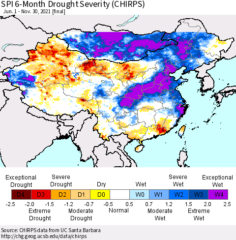 China, Mongolia and Taiwan SPI 6-Month Drought Severity (CHIRPS) Thematic Map For 6/1/2021 - 11/30/2021