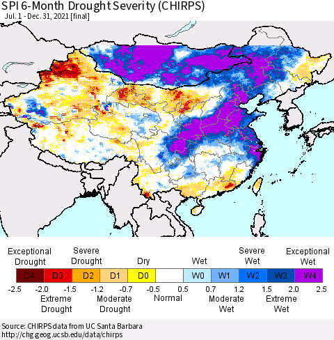 China, Mongolia and Taiwan SPI 6-Month Drought Severity (CHIRPS) Thematic Map For 7/1/2021 - 12/31/2021