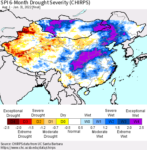 China, Mongolia and Taiwan SPI 6-Month Drought Severity (CHIRPS) Thematic Map For 8/1/2021 - 1/31/2022