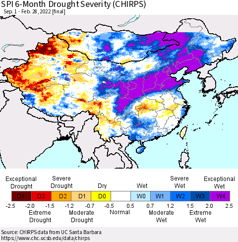 China, Mongolia and Taiwan SPI 6-Month Drought Severity (CHIRPS) Thematic Map For 9/1/2021 - 2/28/2022