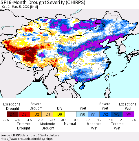 China, Mongolia and Taiwan SPI 6-Month Drought Severity (CHIRPS) Thematic Map For 10/1/2021 - 3/31/2022