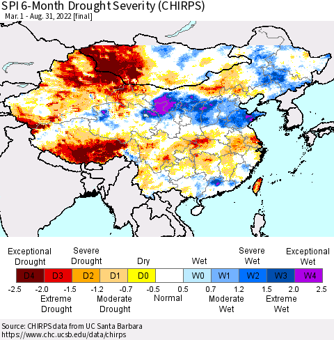 China, Mongolia and Taiwan SPI 6-Month Drought Severity (CHIRPS) Thematic Map For 3/1/2022 - 8/31/2022