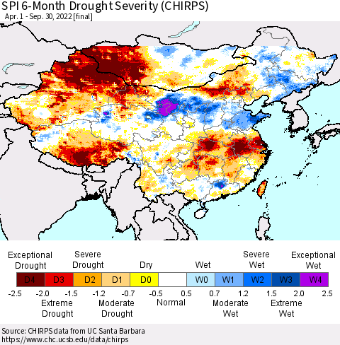 China, Mongolia and Taiwan SPI 6-Month Drought Severity (CHIRPS) Thematic Map For 4/1/2022 - 9/30/2022