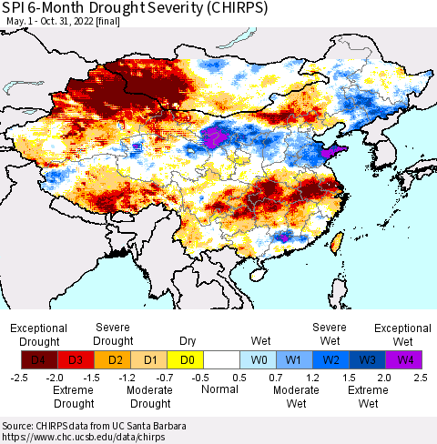 China, Mongolia and Taiwan SPI 6-Month Drought Severity (CHIRPS) Thematic Map For 5/1/2022 - 10/31/2022