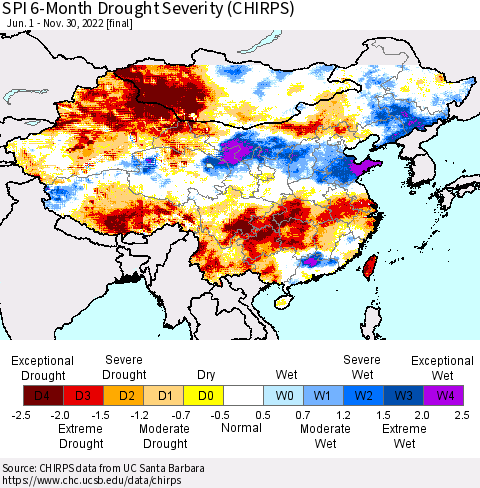 China, Mongolia and Taiwan SPI 6-Month Drought Severity (CHIRPS) Thematic Map For 6/1/2022 - 11/30/2022