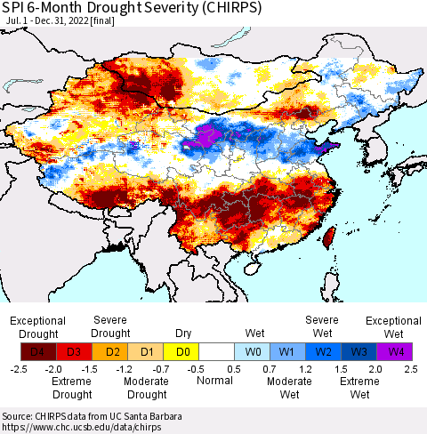 China, Mongolia and Taiwan SPI 6-Month Drought Severity (CHIRPS) Thematic Map For 7/1/2022 - 12/31/2022