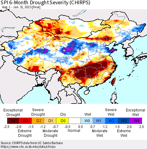 China, Mongolia and Taiwan SPI 6-Month Drought Severity (CHIRPS) Thematic Map For 8/1/2022 - 1/31/2023