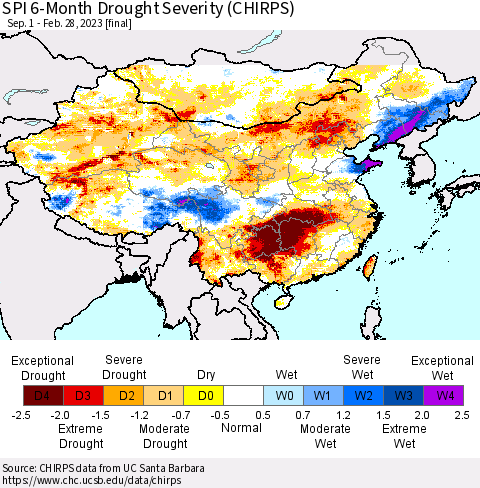 China, Mongolia and Taiwan SPI 6-Month Drought Severity (CHIRPS) Thematic Map For 9/1/2022 - 2/28/2023