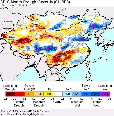 China, Mongolia and Taiwan SPI 6-Month Drought Severity (CHIRPS) Thematic Map For 10/1/2022 - 3/31/2023