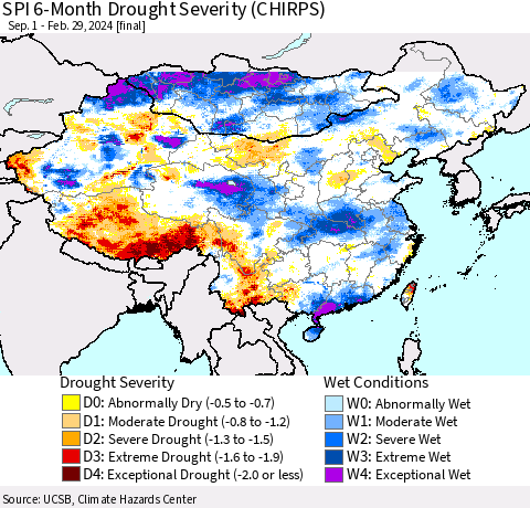 China, Mongolia and Taiwan SPI 6-Month Drought Severity (CHIRPS) Thematic Map For 9/1/2023 - 2/29/2024