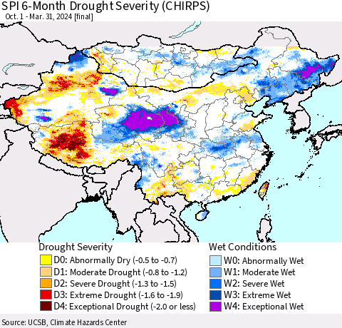 China, Mongolia and Taiwan SPI 6-Month Drought Severity (CHIRPS) Thematic Map For 10/1/2023 - 3/31/2024