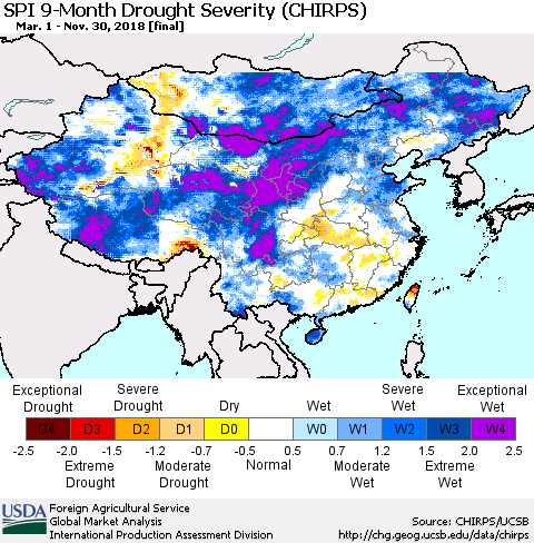 China, Mongolia and Taiwan SPI 9-Month Drought Severity (CHIRPS) Thematic Map For 3/1/2018 - 11/30/2018