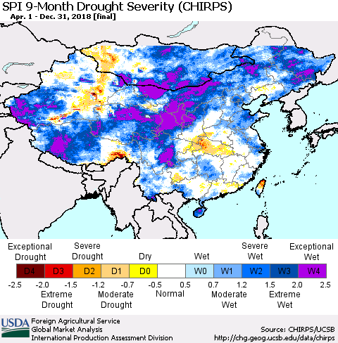 China, Mongolia and Taiwan SPI 9-Month Drought Severity (CHIRPS) Thematic Map For 4/1/2018 - 12/31/2018