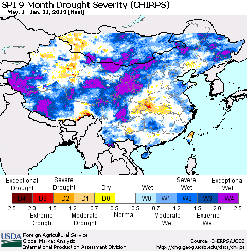 China, Mongolia and Taiwan SPI 9-Month Drought Severity (CHIRPS) Thematic Map For 5/1/2018 - 1/31/2019