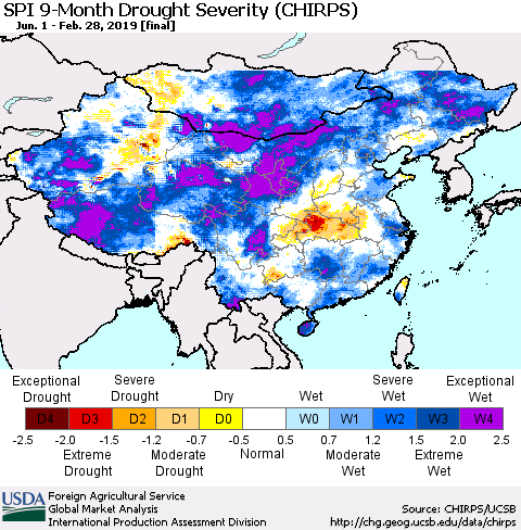 China, Mongolia and Taiwan SPI 9-Month Drought Severity (CHIRPS) Thematic Map For 6/1/2018 - 2/28/2019