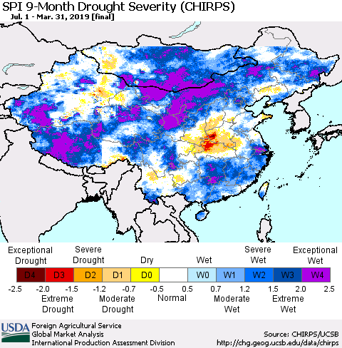 China, Mongolia and Taiwan SPI 9-Month Drought Severity (CHIRPS) Thematic Map For 7/1/2018 - 3/31/2019