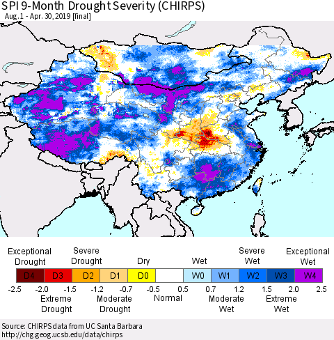 China, Mongolia and Taiwan SPI 9-Month Drought Severity (CHIRPS) Thematic Map For 8/1/2018 - 4/30/2019