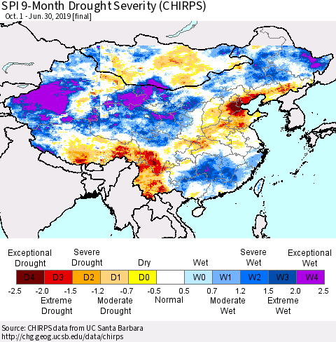 China and Taiwan SPI 9-Month Drought Severity (CHIRPS) Thematic Map For 10/1/2018 - 6/30/2019
