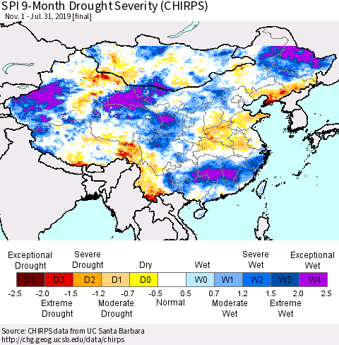 China and Taiwan SPI 9-Month Drought Severity (CHIRPS) Thematic Map For 11/1/2018 - 7/31/2019