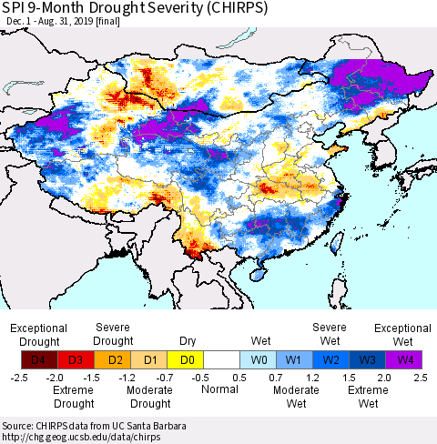 China and Taiwan SPI 9-Month Drought Severity (CHIRPS) Thematic Map For 12/1/2018 - 8/31/2019